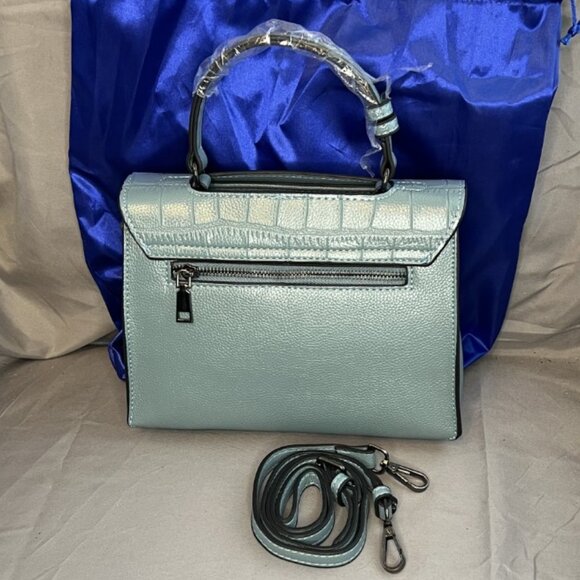 Fog Blue, Leather Satchel Crossbody Bag, Belt Flap Detail, NWOT - Picture 3 of 14